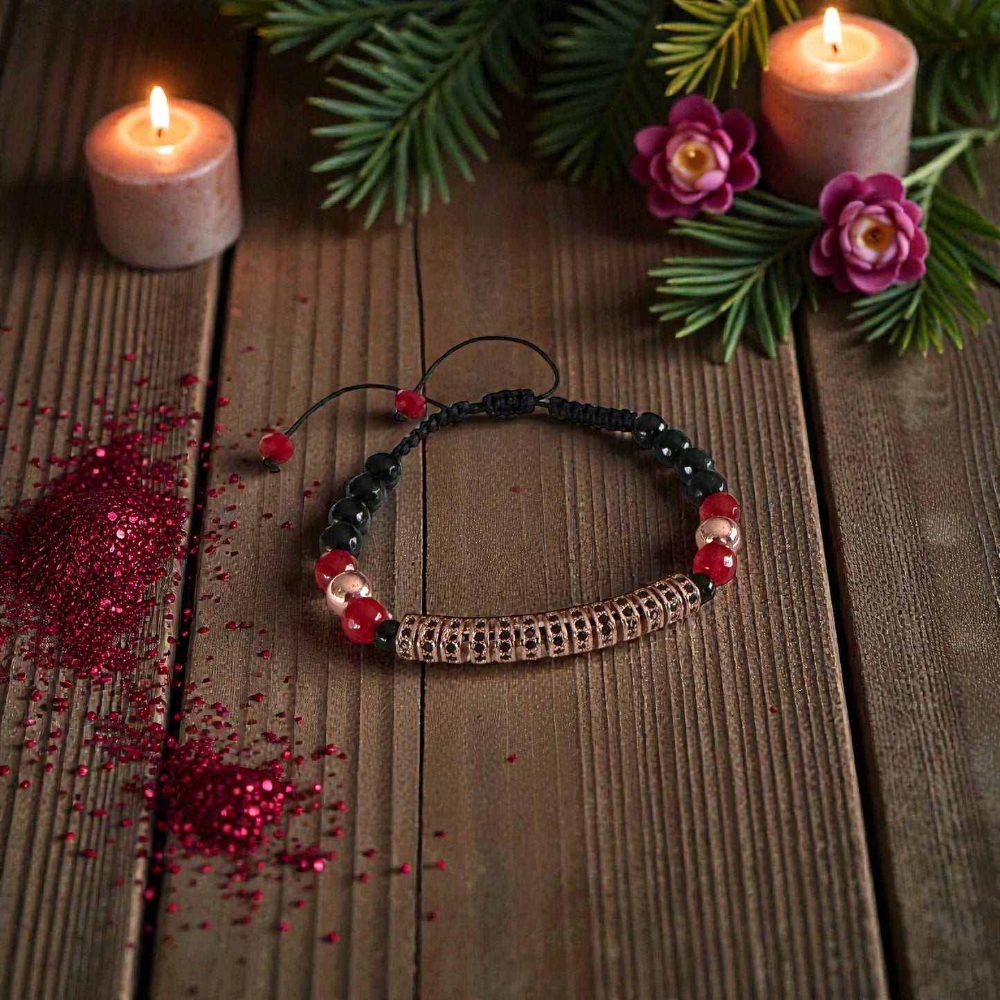 Brățară Astryel IGNIS cu jad roșu, onix și hematit electroplacat, pentru putere și protecție emoțională